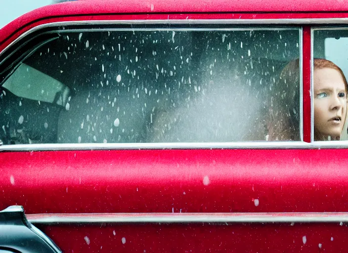 Prompt: A very high resolution image from a new movie, inside of a car, teen red hair woman, raining, hot, directed by wes anderson
