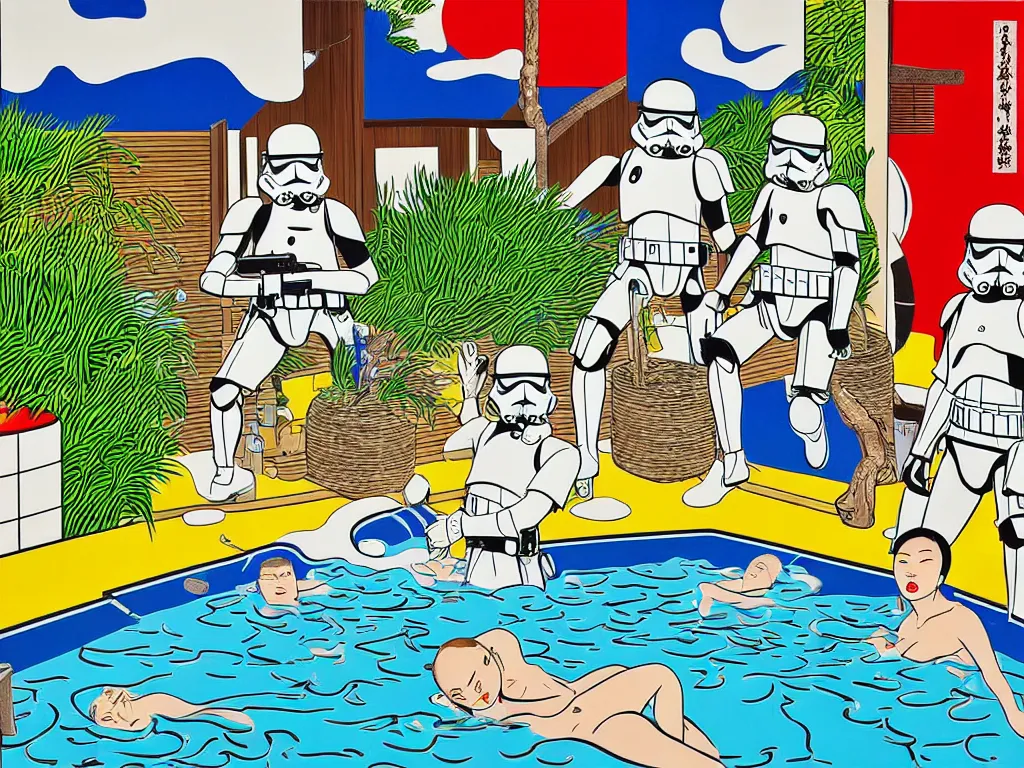 Image similar to hyperrealism composition of the japanese house with a hot springs in the garden, two detailed stormtroopers bathe in a hot spring, pop - art style, jacky tsai style, andy warhol style, roy lichtenstein style, acrylic on canvas