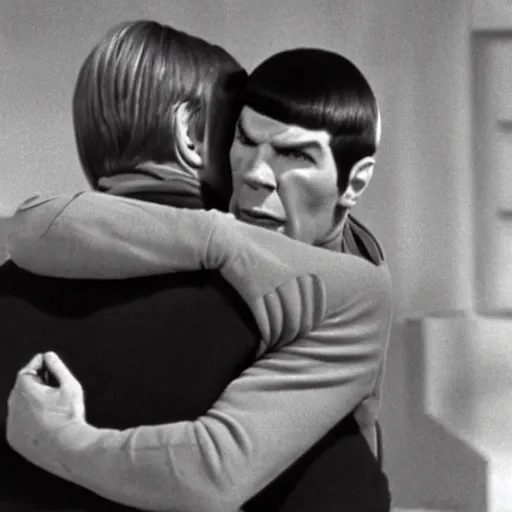 Image similar to Captain James T. Kirk and Spock from Star Trek(1966) in color, hugging each other