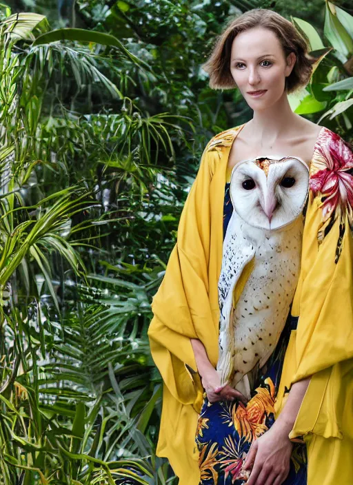 Prompt: amazing portrait photograph of an elegant top model wearing a yellow kimono with a very detailed barn owl on her shoulder!!! in a tropical greenhouse. looking at the camera!!. super resolution. Extremely detailed. art by Rineke Dijkstra.