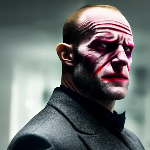 Image similar to a film still of Jason Statham starring as The Joker, 40mm lens, shallow depth of field, split lighting, cinematic