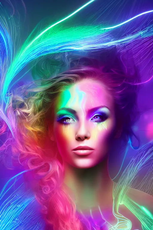 Image similar to a award winning half body portrait of a beautiful woman with stunning eyes in a croptop and leggings with reinbow colored ombre hairstyle head in motion and hair flying while dancing by thomas danthony, surrounded by whirling illuminated lines, outrun, vaporware, shaded flat illustration, digital art, trending on artstation, highly detailed, fine detail, intricate