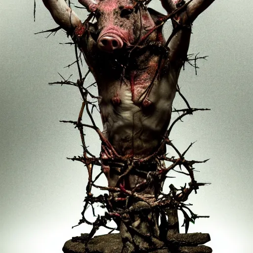 Image similar to a highly detailed realistic photographic render of dead souls worshipping a severed head of a pig with crown of thorns , dead souls, religious sculpture, creepy, cinematic lighting, cinematic scene, Volumetric lighting, Atmospheric scene, Dark, Horror, Atmospheric lighting, Global illumination, realistic, photo realism, hyper realistic, hyper realism, photo realisitc, cinematic render, film, beautifully lit, ray traced, octane 3D render, octane render, unreal engine