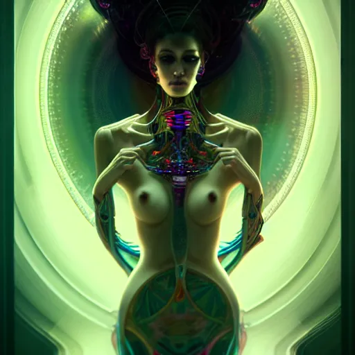 Prompt: extremely psychedelic beautiful cyborg queen of virus infected by night. intricate, elegant, highly detailed, extremely lifelike photorealistic digital painting, artstation. steichen, gaston bussiere, tom bagshaw, cyberpunk alphonse mucha. elegant minimalism. anatomically correct. sultry. sharp focus. white. surreal lush hallucination