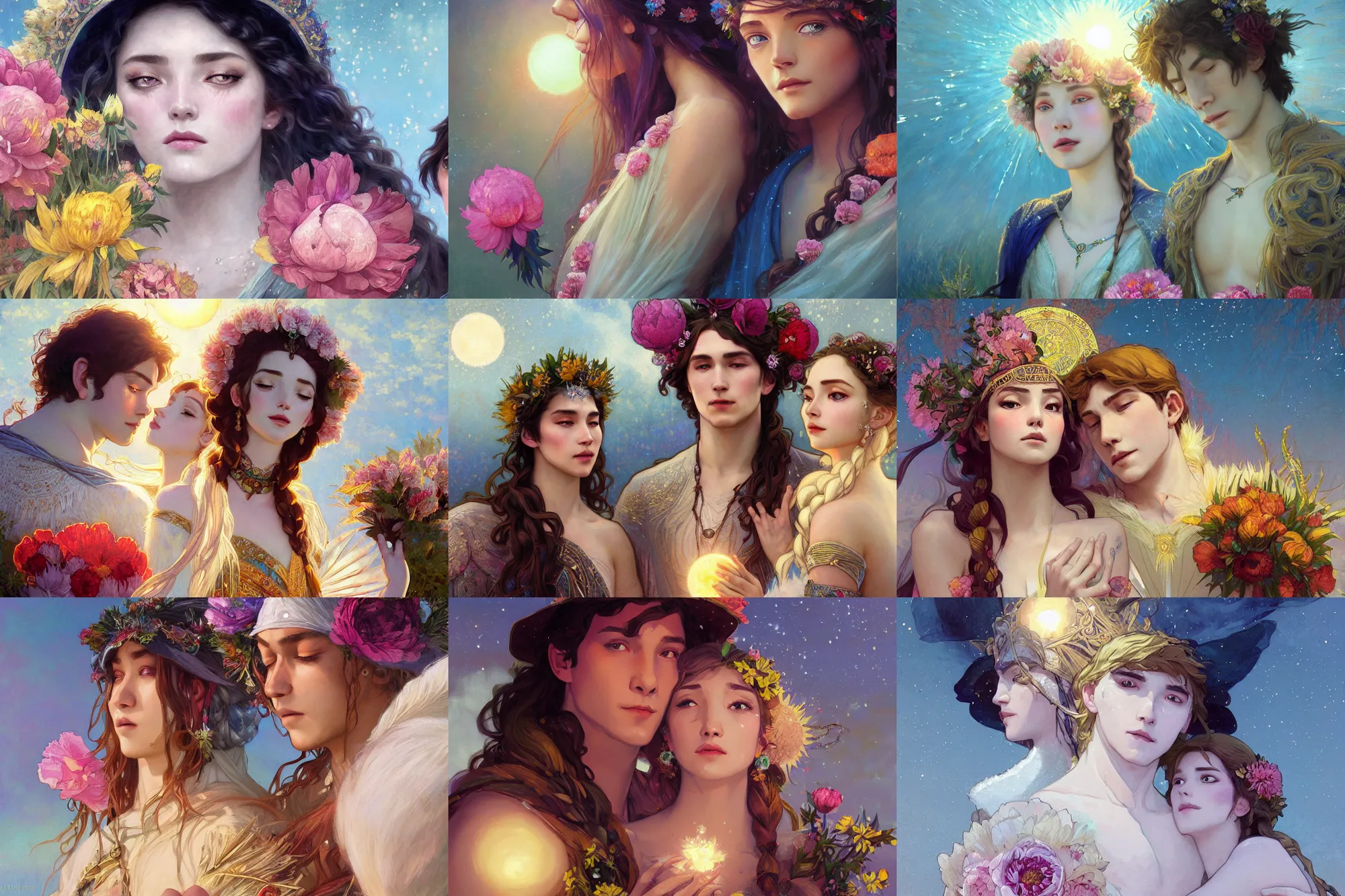 Prompt: a cinematic tender beautifully close up moment of a young sun god and moon goddess magician lovers saying goodbye portrait wearing boho sunhat with peonies, Frozen Klaus film, elegant, digital painting, artstation, concept art, illustration, Frozen II art masterpiece by art by Krenz Cushart, Artem Demura, alphonse mucha, yoji shinkawa, ArtGerm, Jon Lothian, Danilo Torres, Adi Meyers, Thomas Reimann, Gaston Bussiere