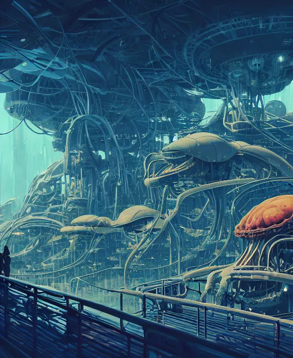 Image similar to simplicity, an amusement park made out of weird organic creatures, biological forms, internal organs, in the style of an asymmetrical spaceship, bleak apocalyptic environment, by dan mumford, yusuke murata, makoto shinkai, ross tran, cinematic, unreal engine, cel shaded, featured on artstation, pixiv