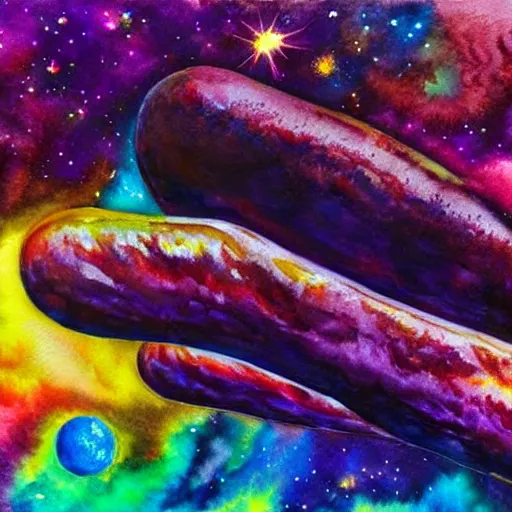 Prompt: liver floating in space. watercolor. vibrant. amazing painting. beautiful. high resolution. highly realistic. cool tones. close - up.