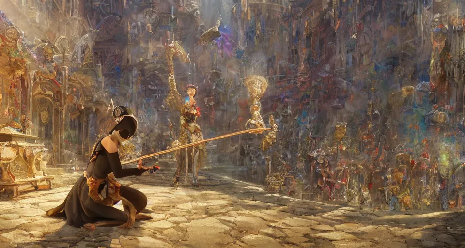 Image similar to craig mullins and ghibli digital art of on the huge stage, the masked female violinist playing alone, she wore a strong exotic costumes, gold ornaments, black hair, circulation string sound with graceful figure, evoke the desire of every audience present. unreal engine, hyper realism, realistic shading, cinematic composition, realistic render, octane render, detailed textures, photorealistic, wide shot