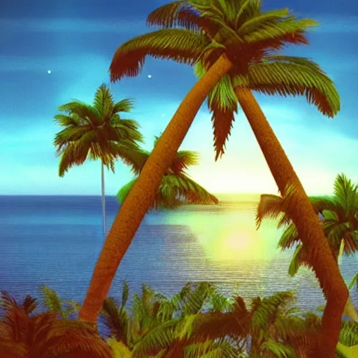 Prompt: a sunset on an island populated with palm trees, 1990s computer graphics