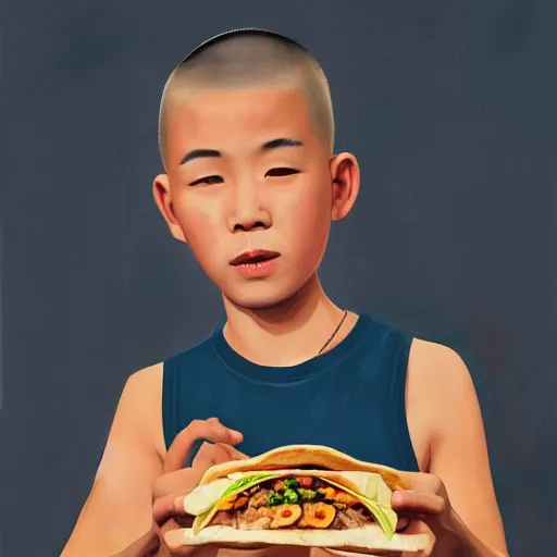 Image similar to dramatic portrait of chinese boy buzz cut, holding a taco, digital painting