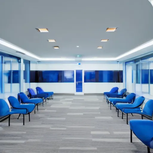 Prompt: a large corporate waiting room, liminal, surreal, white and blue color scheme