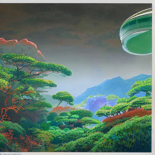 Image similar to detailed painting of a lush natural scene on an alien planet by tojiro oshita. beautiful landscape. weird colourful vegetation. cliffs and water.