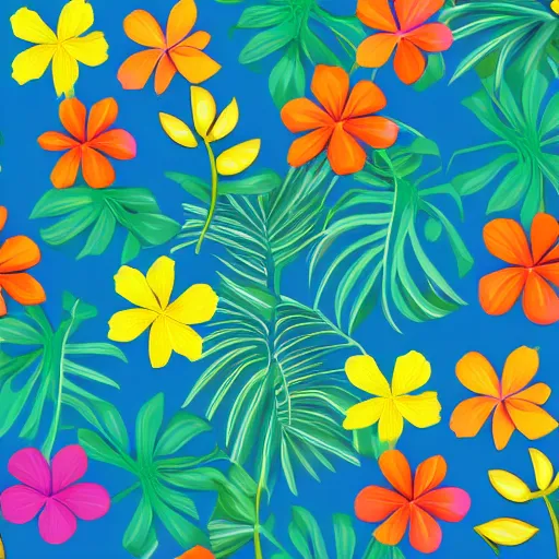 Prompt: Vector illustration of tropical flowers with multiple cohesive colors ranging from warms blues to bright oranges on a dark moldy blue background, 4K resolution