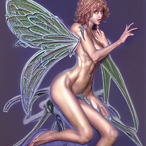 Image similar to a female woodlands spirit, fairy, concept art by Hajime Sorayama