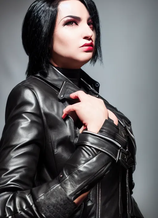 Image similar to overwatch style oil painting portrait of as woman with black hair and a leather jacket, confident pose, 4 k, expressive surprised expression, makeup, wearing sleek armor, studio lighting, black leather harness, expressive detailed face and eyes,