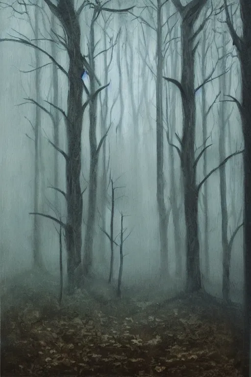 Image similar to dark haunted woods. pan's labyrinth style, atmospheric, foggy, oil painting on canvas. fairytale