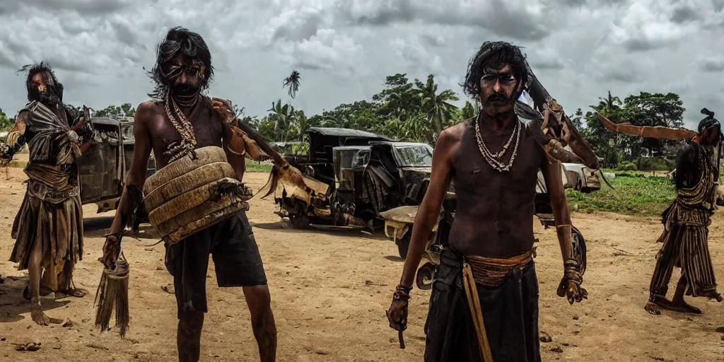 Image similar to sri lankan mad max style, traditional drum player, film still, epic shot cinematography, rule of thirds