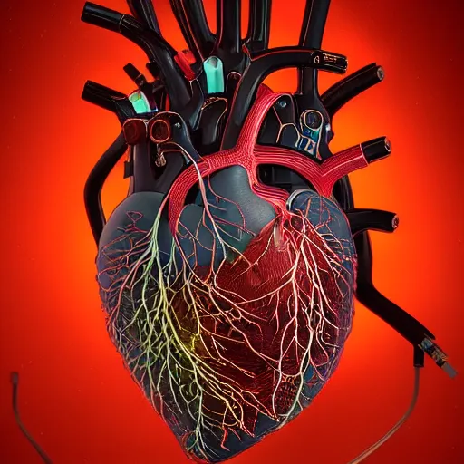 Image similar to a human heart, revealing wires and electronics, arteries, veins, human heart, anatomy, sci - fi, missing panels, intricate abstract upper body intricate artwork, concept art, octane render, deviantart, cinematic, key art, hyperrealism, iridescent accents, portrait photograph, nikon 3 5 mm, parts illustration