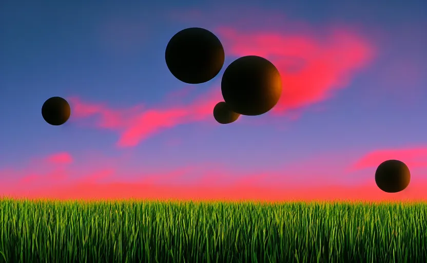 Prompt: giant black liquid blobs flying through a grass field, enigmatic scene, dusk, sunrise, still from a 2001 pixar movie, 4k, high quality wallpaper