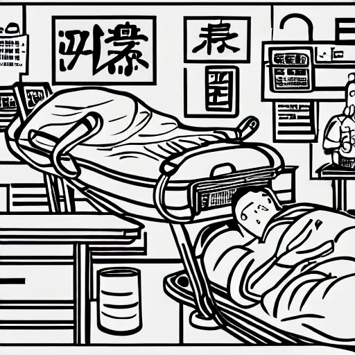 Image similar to chinese surgery operating table, in the style of daniel johnston and outsider art, 8k, line brush, minimal, hard lines, overlaid with traditional chinese adverts