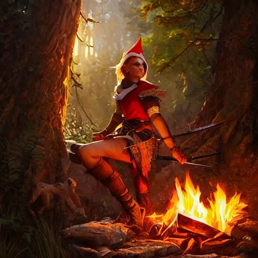 Image similar to An female elf ranger cooking a giant rat over a campfire, D&D, fantasy, intricate, highly detailed, oil painting, artstation, Greg Rutkowski, Artgerm, Alphonse Mucha, WLOP