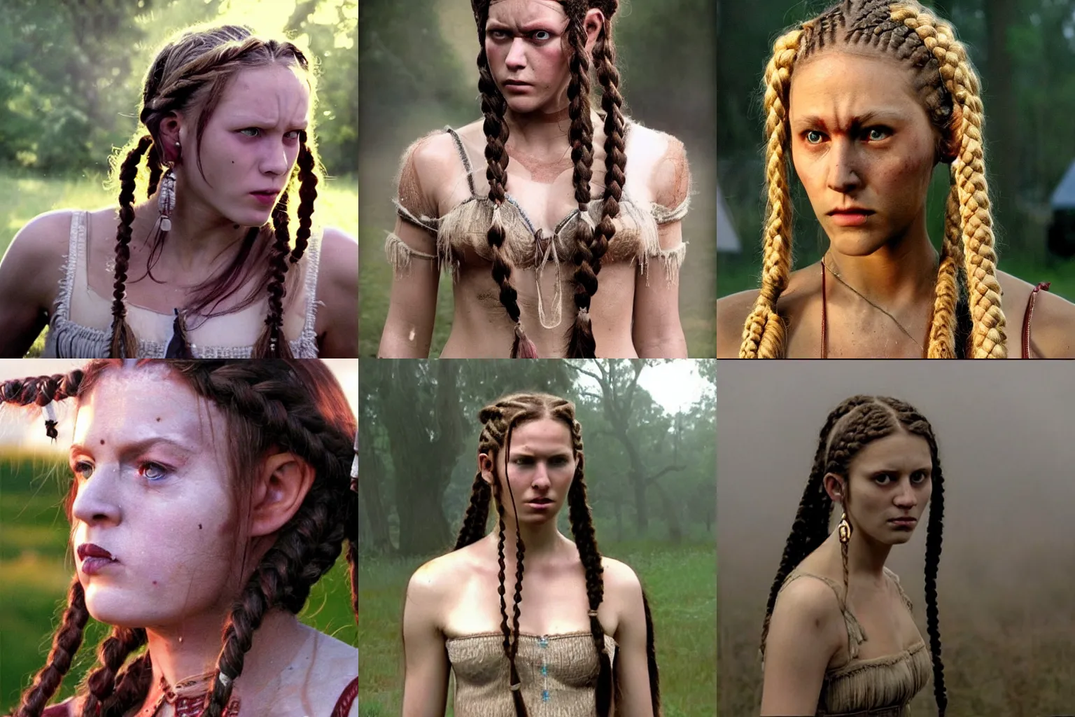 Prompt: too realistic film prop of the ethereal upper body of a half Oni half Latvian woman with braids, 2008 cinematography