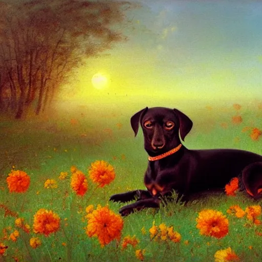 Prompt: mild, calm very tiny black Dachshund sleeping inside the flower on the sunrise, misty field, painting by Perov,