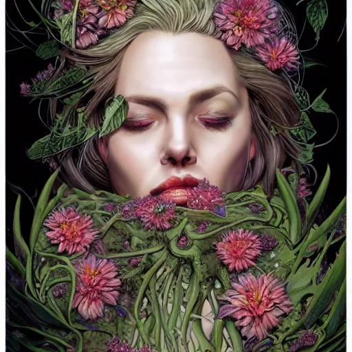 Image similar to a beautiful detailed front view portrait of a rotten woman corpse with plants and fractal flowers growing around, artgerm, joshua middleton comic cover art,