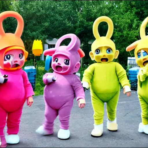 Prompt: anime style Teletubbies as construction workers in a site