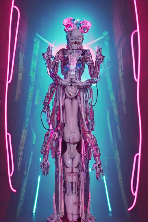 Image similar to full-body baroque and bladerunner style pink neon and ceramic statue of a beautiful pale priestess robot goddess humanoid wearing a torn kimono, glowing peach face, street hoody of red steampunk lasers, emeralds, swirling silver silk fabric. futuristic elements. oozing glowing liquid, full-length view. space robots. human skulls. throne made of bones, intricate artwork by caravaggio. Trending on artstation, octane render, cinematic lighting from the right, hyper realism, octane render, 8k, depth of field, 3D