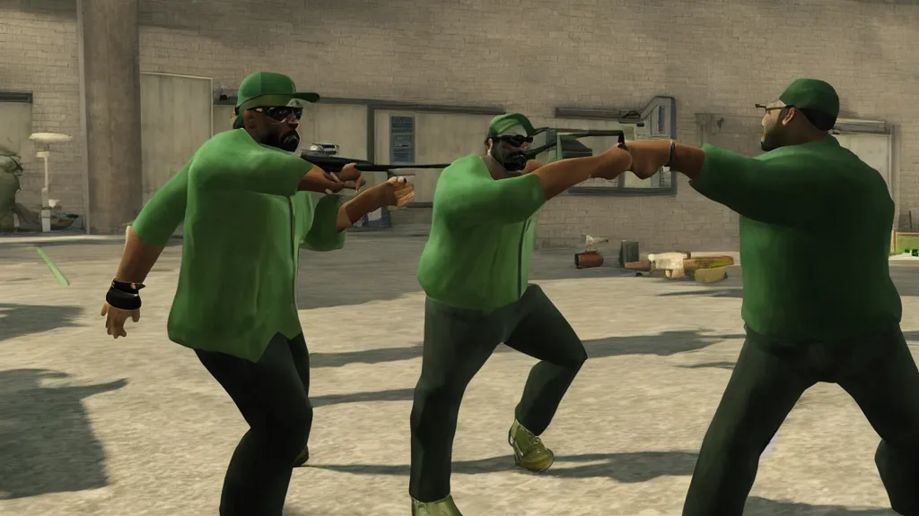 Image similar to Still of a PS2 videogame-looking Big Smoke with green clothing wielding a baseball bat in Better Call Saul