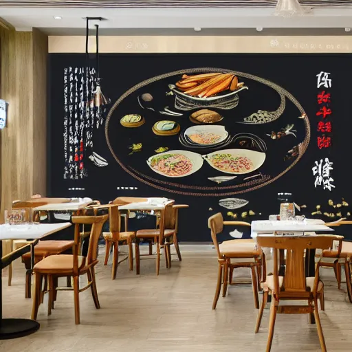 Image similar to a beautiful hyperdetailed 4 k hd wall paper illustration of roasted string hotpot restaurant restaurant yan'an, wall corner, simple style, wall painting, from china, with merchant logo, simple structure, surrealistic, chinese style, victo ngai