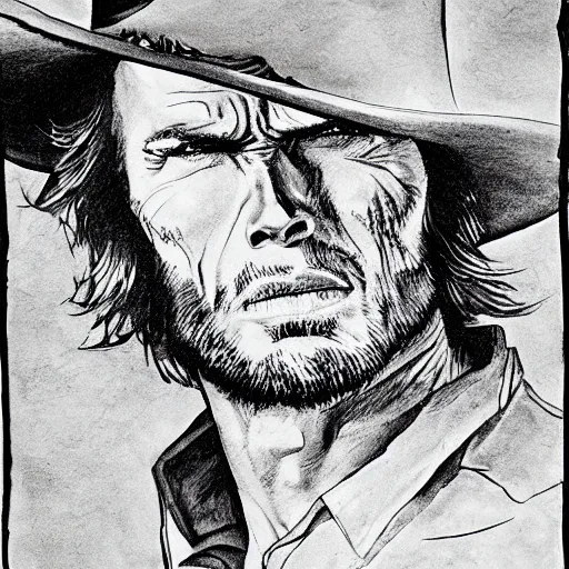 Prompt: Clint Eastwood. A Fistful Of Dollars. Western. Highly Detailed. Pen and Ink. Portrait. Monochrome