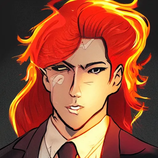 Image similar to fire genasi, suit and tie, fire hair, d & d, concept art, sharp focus, illustration, character art,