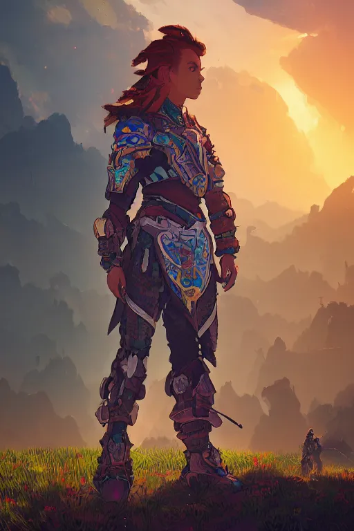 Image similar to combination suit armor aloy horizon forbidden west horizon zero dawn radiating a glowing aura global illumination ray tracing hdr fanart arstation by ian pesty and alena aenami artworks in 4 k tribal robot ninja mask helmet backpack