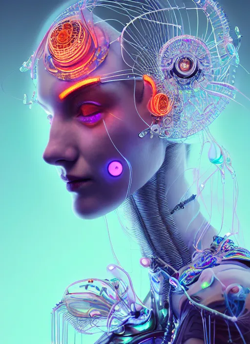 Image similar to portrait of an absurdly beautiful, graceful, sophisticated, fashionable cyberpunk mechanoid, hyperdetailed illustration by irakli nadar, matt wisniewski style, intricate linework, white porcelain skin, iridescent jellyfish headdress, day - glow face paint, multi colored neon electronic collar, unreal engine 5 highly rendered, global illumination, radiant light, detailed and intricate environment