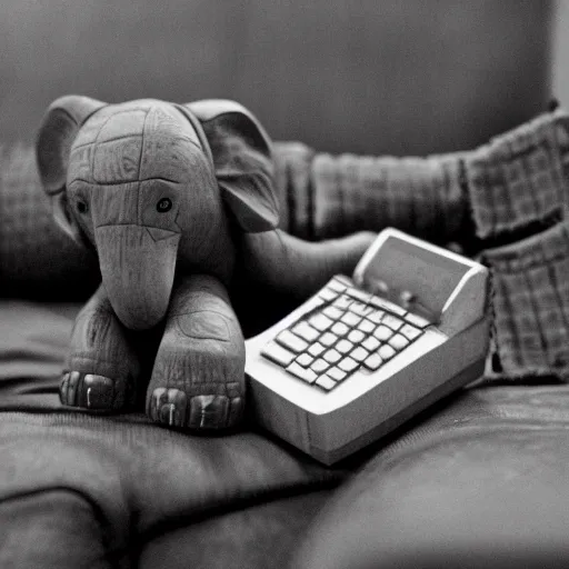 Prompt: 35mm macro photograph of a hand carved elephant wearing a suit working on a couch typing on a miniature computer keyboard