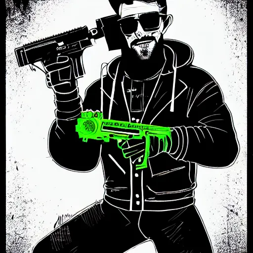 Prompt: character portrait design guy denning, tim doyle, laurie greasley green ska grungy hooded sunglasses handsome smiling figure heroic!! two guns!! nunchucks!! bold outline sharp edges. elegant, neon colors, dynamic angle, intricate highly detailed complexity, epic composition, symmetry, cinematic lighting masterpiece