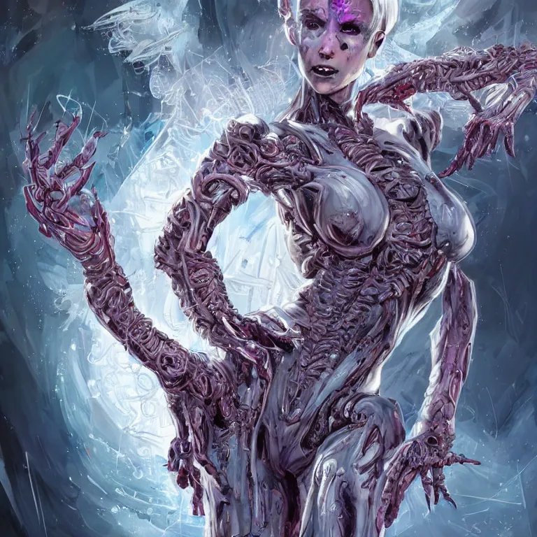 Image similar to comic art,Sprial, a gorgeous beautiful female six-armed Mutant and Cyborg Sorcerer with white hair long legs standing at a dimensional gateway,full character design,8k,art by Stanley Artgermm,Travis Charest,Carne Griffiths,trending on Artstation,face enhance,hyper detailed,full of colour,cinematic,dynamic lighting