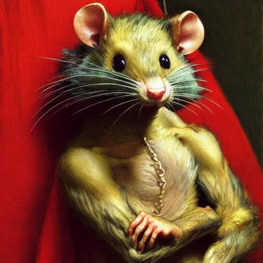 Prompt: a portrait of a furry splinter the rat wearing a red kimono, hairy, furry body, furry arms, feet, tail. highly detailed painting by gaston bussiere, craig mullins, j. c. leyendecker, furry