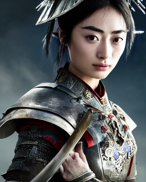 Image similar to suzu hirose as chinese warrior princess at the battle of helms deep, background: battle scene, clear makeup, clean hair, dry skin, clear skin, airbrushed, bright eye makeup, warrior body, photo by mario testino, 8k octane render, cinematic, hyper detailed, micro details, insanely detailed, trending on artstation, concept art
