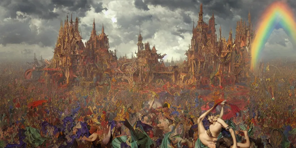 Image similar to matte painting of the carnival of the damned, expressive poses, acrobatic, rainbow eyes, ornate frilly dress, fantasy, intricate, elegant, highly detailed, digital painting, artstation, concept art, smooth, sharp focus, illustration, art by artgerm and greg rutkowski and alphonse mucha, Zdzisław Beksiński octane render, 3d, hyperrealistic