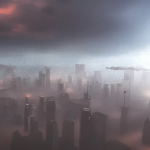 Image similar to a photorealistic image of terror in the skies, volumetric fog, cityscape, wide angle