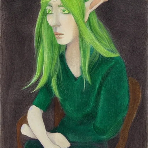 Image similar to a portret of a beautiful elf with blonde hair and pale skin, green dress, by Seveso, Alberto