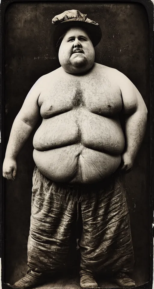 Image similar to a highly detailed digital collodion photograph, a portrait of a very obese carpenter