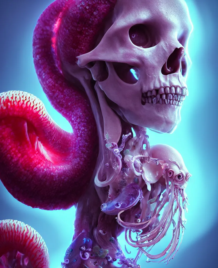 Image similar to goddess close - up portrait human skull, ram skull, squid phoenix jellyfish, orchid, betta fish, bioluminiscent, intricate artwork by tooth wu and wlop and beeple. octane render, trending on artstation, greg rutkowski very coherent symmetrical artwork. cinematic, hyper realism, high detail, octane render, 8 k