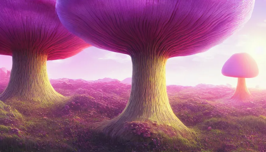 Image similar to A highly detailed digital art painting of a volatile nuclear caustic poison mushroom irradiated barren purple landscape by from software, Makoto Shinkai, by Artgerm, by beeple, volumetric lighting, octane render, 4K resolution, trending on artstation, masterpiece, vivid colours