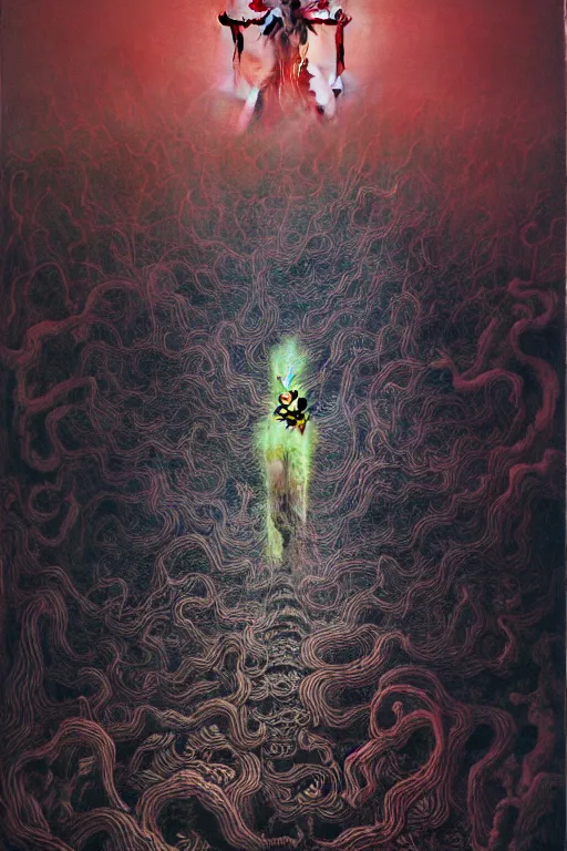 Prompt: zhongyuan festival, chinese ghost festival, king of hell, inside page of comic book, psychedelic lights and fog, in the style of zdzislaw beksinski, ayami kojima, takato yamamoto, barclay shaw, karol bak, glowing light and shadow, hyperrealist