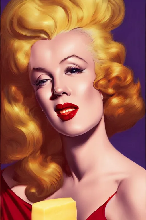 Prompt: a blond mix between Marilyn Monroe and Jessica Rabbit, eating a resplendent piece of cheese, golden hour, artstation, by J. C. Leyendecker and Peter Paul Rubens,