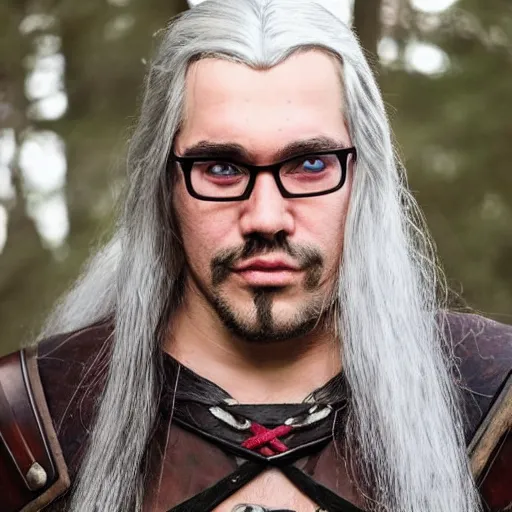 Prompt: a photo of a guy with very long brownish hair, with nerdy glasses and goatee, cosplay of geralt of rivia witcher!